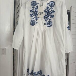 Zara White Tunic beach dress with Blue Embroidery rare find